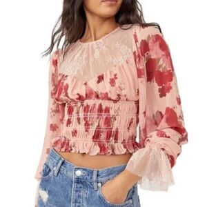 FREE PEOPLE Daphne Top Romantic Combo Red Pink Floral Sheer Lace Bohemia…